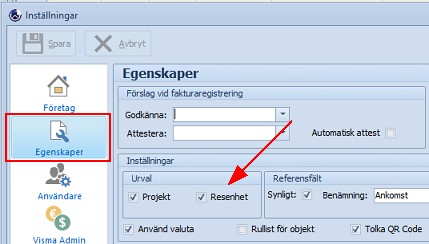 Specialfunktioner Projekt-följa upp RE inställningar
